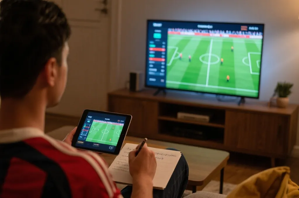 观众通过平板和电视同步观看世界杯比赛并记录笔记